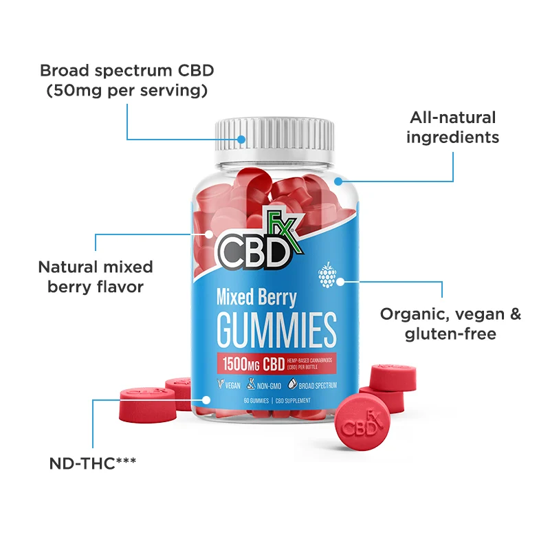 CBDfx, Original Mixed Berry CBD Gummies, Broad Spectrum THC-Free, 60ct, 1500mg CBD - Image 2